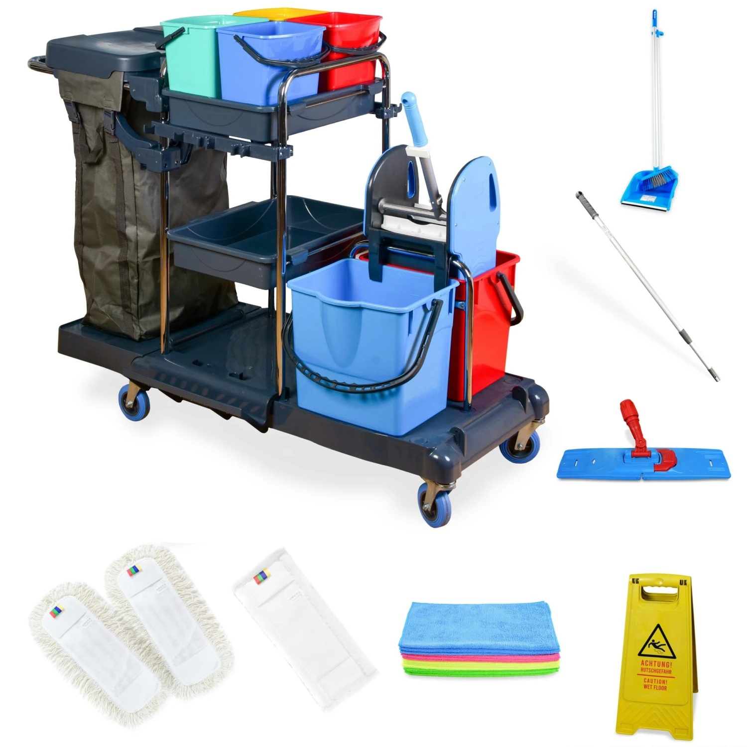 Hypafol Putzwagen Mit 100l Leinensack I 2x 18l & 4x 5l Eimern I Stabile Mopp-Presse & Halterung Für Besen I 3x 50 Cm Wischmopp | 12 Mikrofasertücher 3 Hypafol Putzwagen Mit 100l Leinensack I 2x 18l & 4x 5l Eimern I Stabile Mopp-Presse & Halterung Für Besen I 3x 50 Cm Wischmopp | 12 Mikrofasertücher