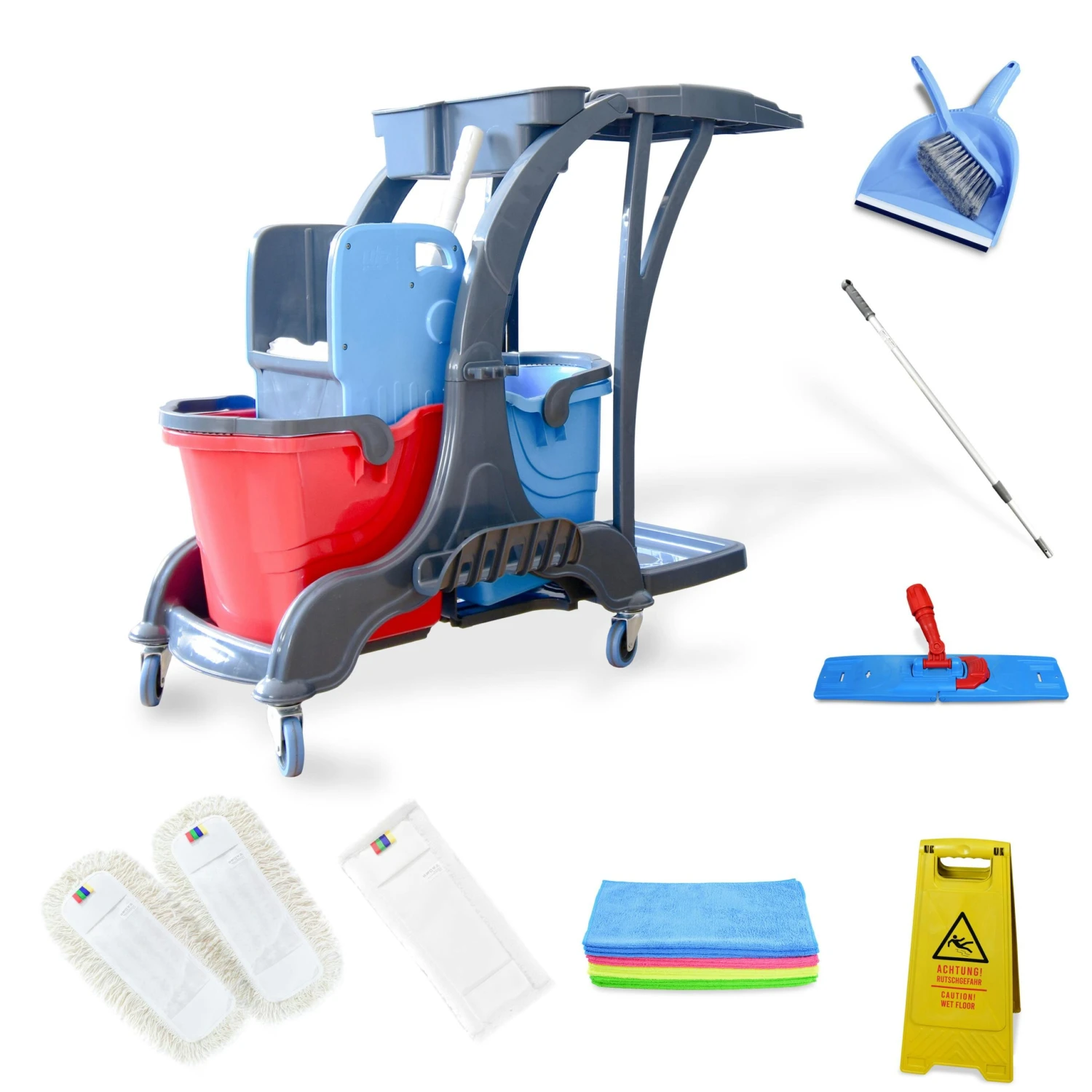 Hypafol Reinigungswagen Set | 2x25 L Eimer |Wischmopp-Presse|Kehrgarnitur| 2x50cm Baumwoll Wischmopp, Mikrofaser-Mopp, 12 Mikrofasertücher |Warnschild 5 Hypafol Reinigungswagen Set | 2x25 L Eimer |Wischmopp-Presse|Kehrgarnitur| 2x50cm Baumwoll Wischmopp, Mikrofaser-Mopp, 12 Mikrofasertücher |Warnschild – Bild 3