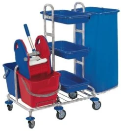 CleanSV® Reinigungswagen SpMin3 Chrom Mit Müllsackhalter, 3 Ablagen PE, Presse, 2 X 20 Liter Eimer, 6 Räder, Gr. 103 X 680 X 106 Cm
