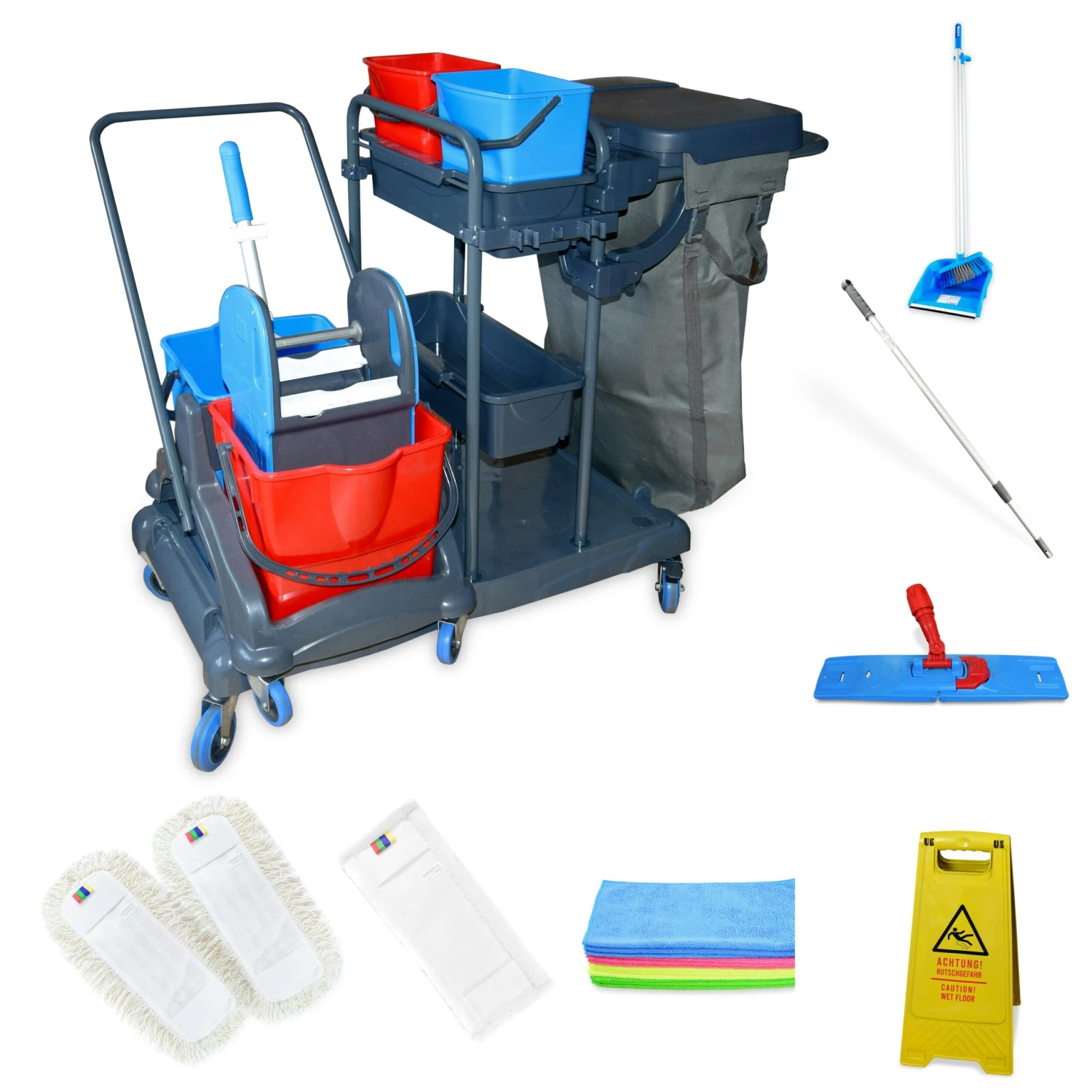 Hypafol Reinigungswagen Set | 2x25 L Eimer |Wischmopp-Presse|Kehrgarnitur| 2x50cm Baumwoll Wischmopp, Mikrofaser-Mopp, 12 Mikrofasertücher |Warnschild 3 Hypafol Reinigungswagen Set | 2x25 L Eimer |Wischmopp-Presse|Kehrgarnitur| 2x50cm Baumwoll Wischmopp, Mikrofaser-Mopp, 12 Mikrofasertücher |Warnschild