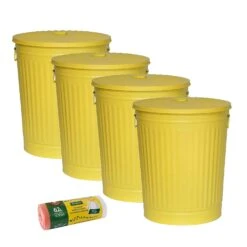 Jinfa 4er-Set Retrodesign Mülleimer Mit Griffen Und Deckel + 30 Müllbeutel | Gelb | 62L