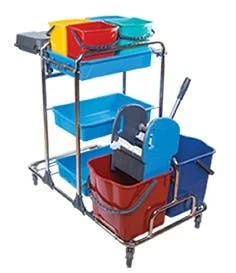 CleanSV Deluxe Master Reinigungswagen Chrom, Servicewagen Mit 4 Lenkrollen, 4 X 5 Liter Eimer, 2 X 25 Liter Eimer