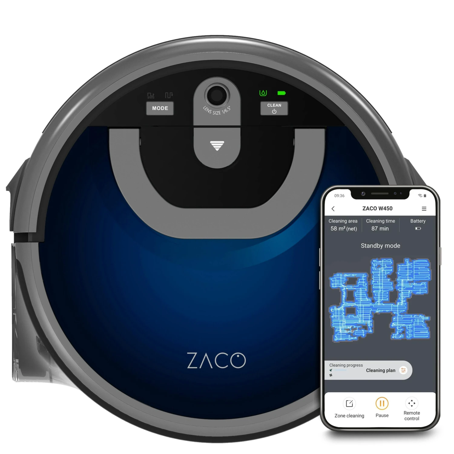 ZACO W450 Wischroboter Mit Frisch- Und Schmutzwassertanks , Bis 80 Min Nass Wischen, Kamera Navigation, App & Alexa Steuerung, Midnight Blue 3 ZACO W450 Wischroboter Mit Frisch- Und Schmutzwassertanks , Bis 80 Min Nass Wischen, Kamera Navigation, App & Alexa Steuerung, Midnight Blue