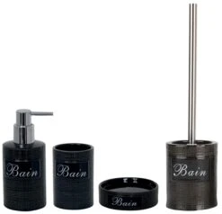 MSV Badezimmer Set, 4-teiliges Badzubehör Aus Keramik Dinan Seifenspender, WC Bürste, Seifenschale Und Zahnputzbecher Schwarz