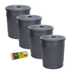 Jinfa 4er-Set Retrodesign Mülleimer Mit Griffen Und Deckel + 30 Müllbeutel | Schwarz | 62L